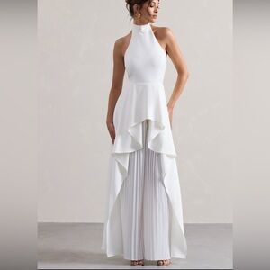 Elegant White Halter High Neck Cape Low Ruffle Jumpsuit - 6